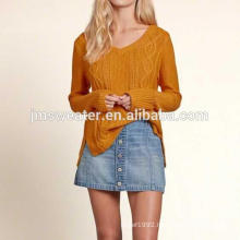 Fancy lady V neck long cable knit cotton sweater with lace